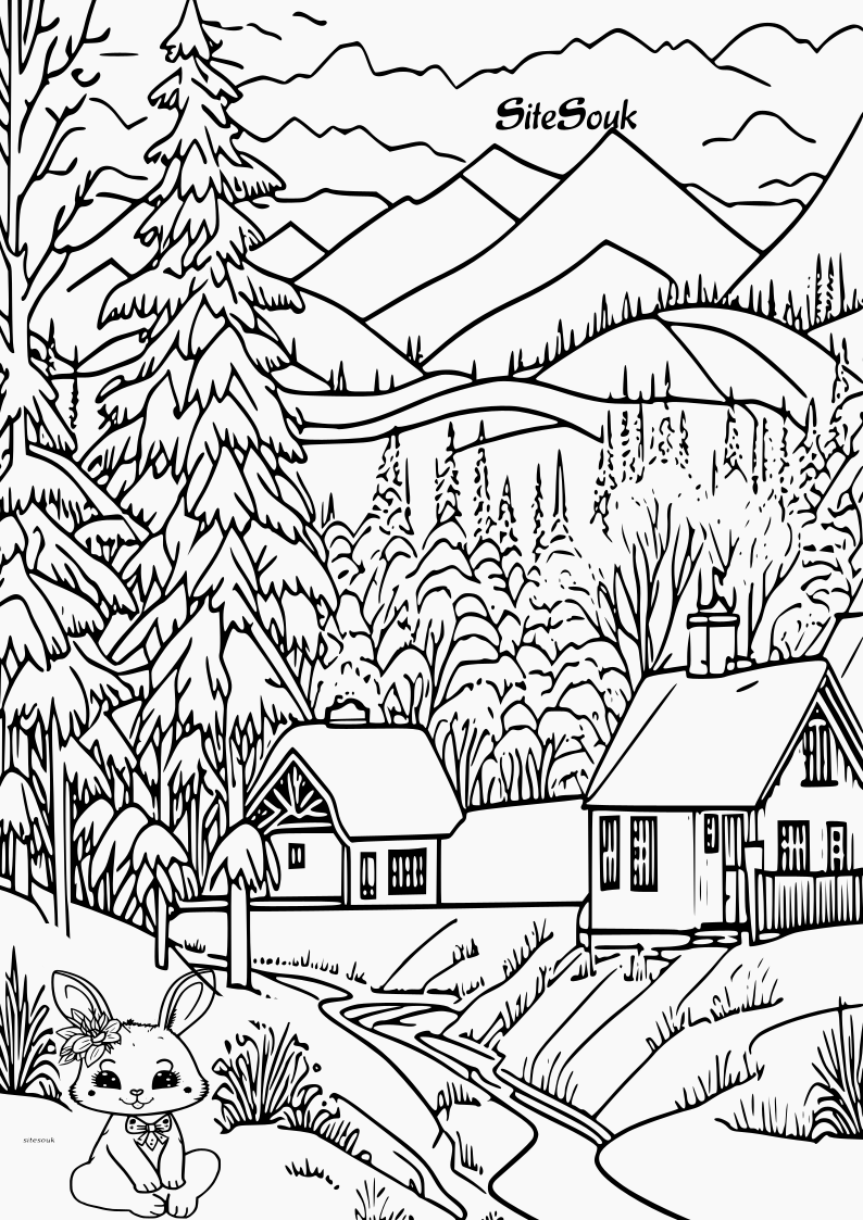 Free Printable Snow Bunny coloring pages in Snow Landscape