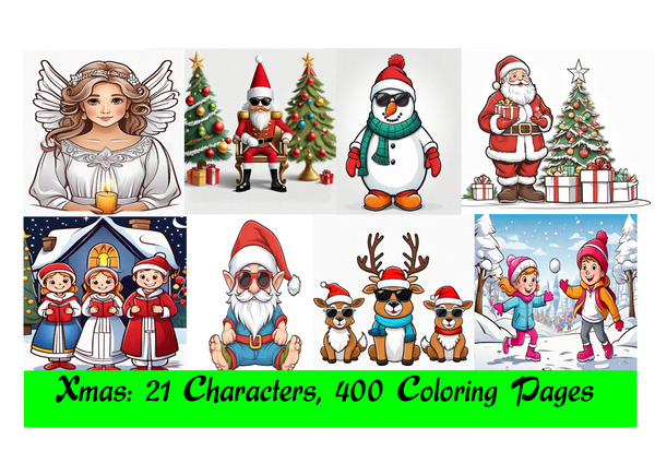 Xmas Extravaganza: 21 Characters, 400 Festive Coloring Pages for Free